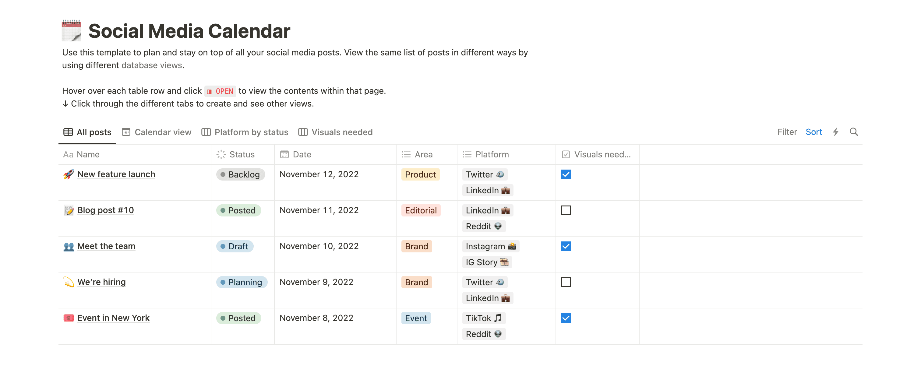 Social media calendar