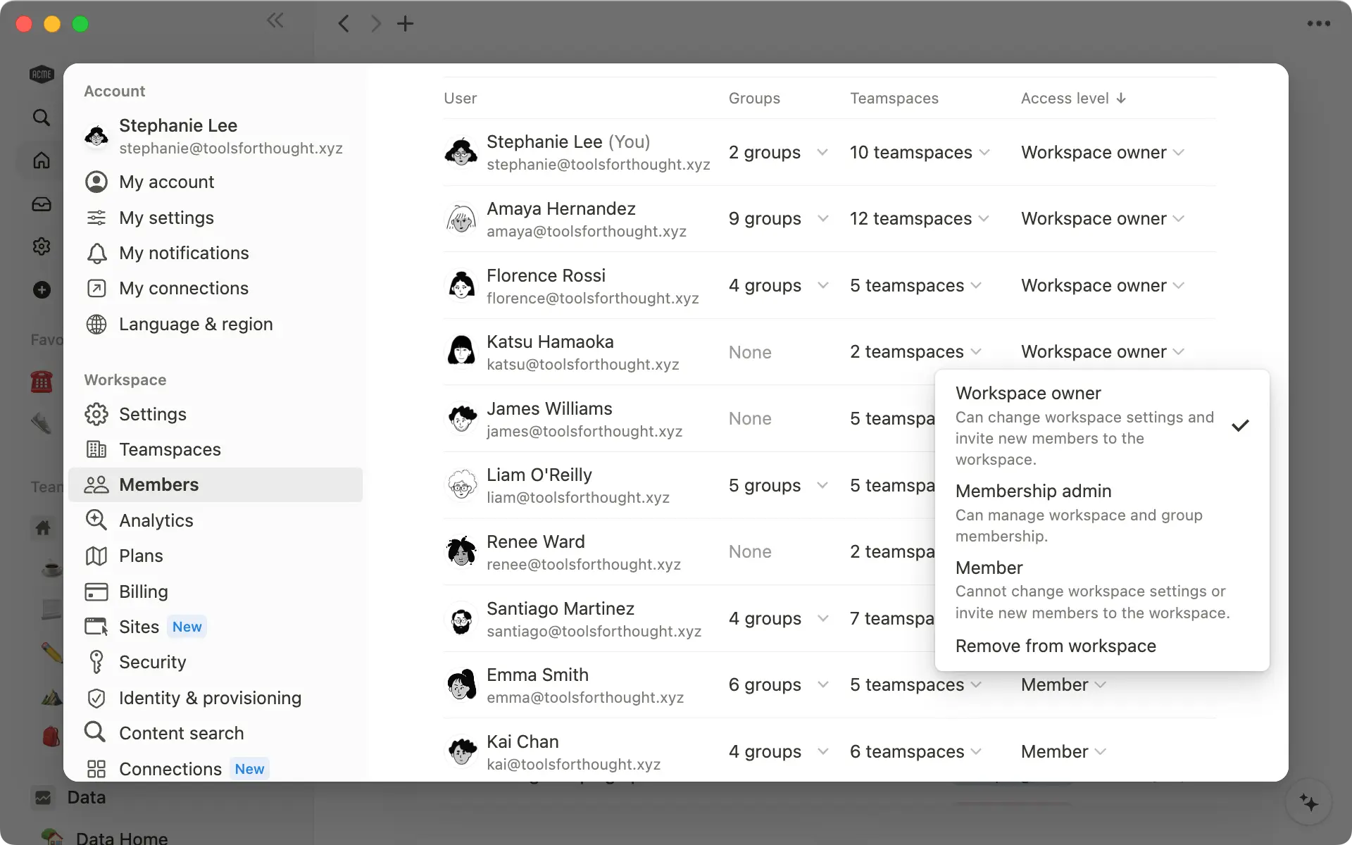 Change a teammates access level using the dropdown menu next to their name.
