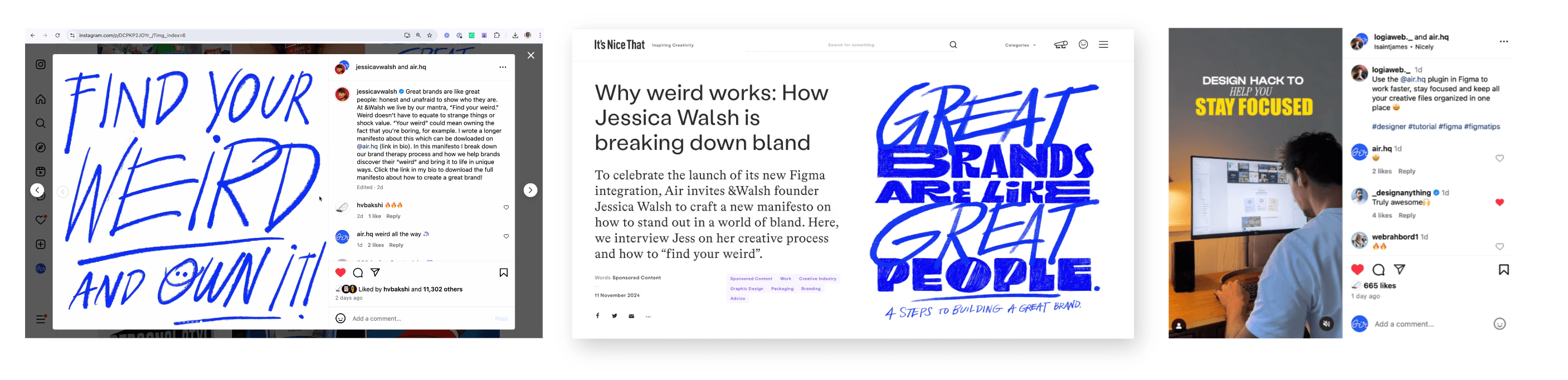 The campaign live in the wild. Jessica Walsh’s Instagram, It’s Nice That article, and influencer @Logiaweb.